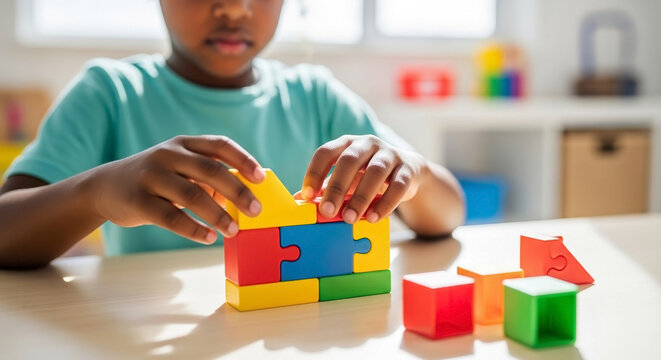 African American boy focused building colorful puzzle blocks in a bright classroom for early learning, cognitive skill building, fine motor skills, and educational blogs.