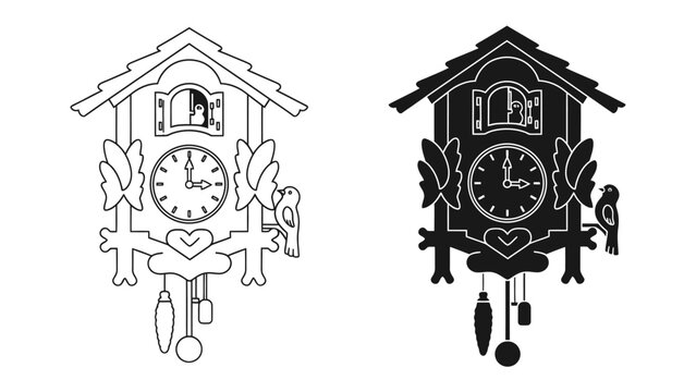 Cuckoo Clock Duo: A pair of cuckoo clocks, one an outline and the other a silhouette, showcase intricate traditional design with carved details and swinging pendulums.