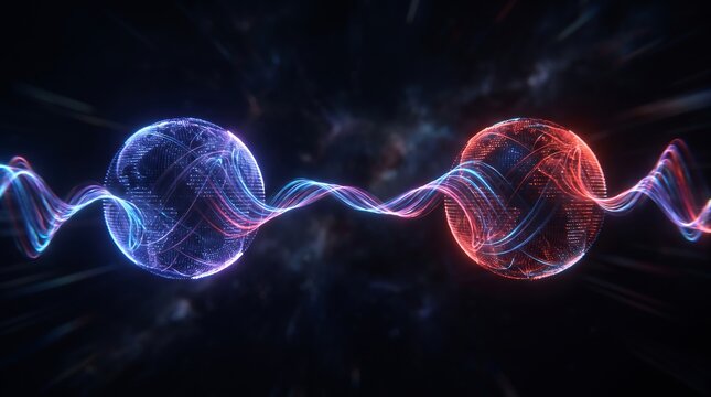 Quantum Entanglement Abstract Art Two Glowing Particles Connected Wave Signal Blue Red Spheres Quantum Physics Concept Dark Background Science