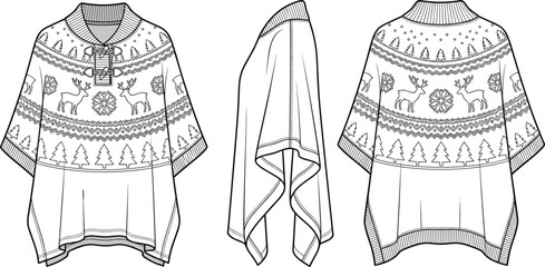 Christmas poncho technical fashion sketch vector displaying front side and back views with reindeer design © Md Atiar Rahman