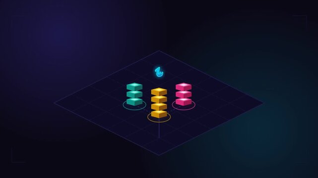 Colorful isometric 3d blocks stacking and falling on dark background