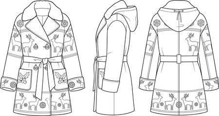 Winter Christmas coat fashion technical sketch vector displaying front, side, and back views with reindeer graphics © Md Atiar Rahman