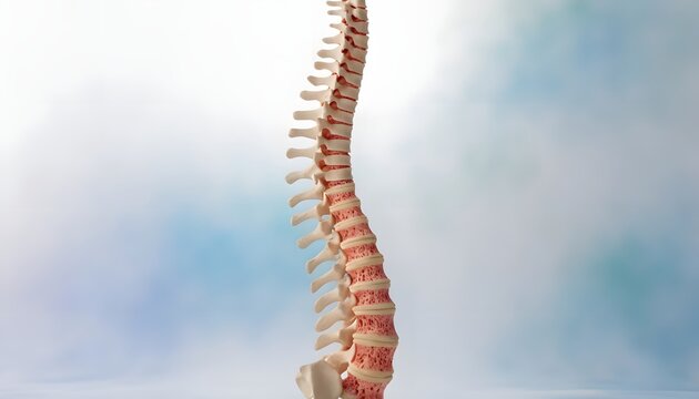 Human spine model showing porous structure. Osteoporosis diagnosis and bone density loss. Vertebral column mockup illustrating calcium deficiency disease
