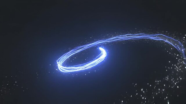 A glowing blue light trail forming a circular path with smaller particles scattering around on a dark background
