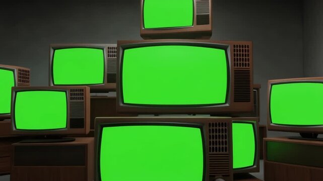 Retro television screens stacked in a room with glowing green displays during a cinematic dolly out