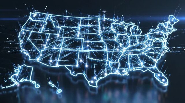 Glowing blue digital map of the United States showing network connections and data transfer
