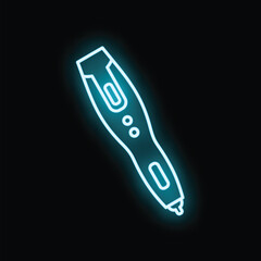 Blue glowing neon outline of a 3d printing pen on a black background © anatolir