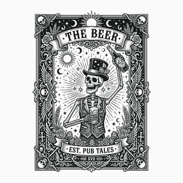 Funny skeleton halloween tarot card illustration vintage pub tales design with skull and beer bottle