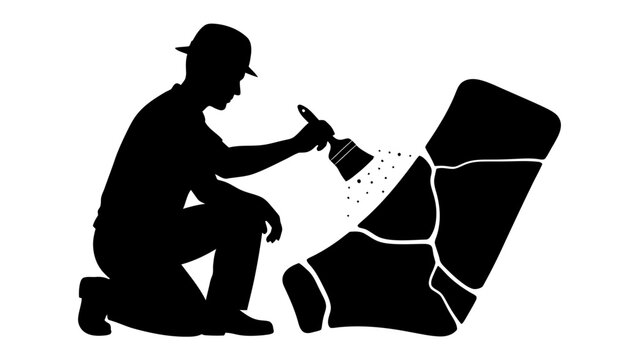 Restoration Artist at Work: A silhouette of a craftsman, wearing a hat, meticulously restores a fragmented object with a paintbrush, symbolizing careful repair and preservation.