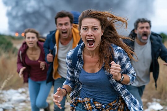 group of four people runs away from an explosion in an open area. They show panic and fear while fleeing from danger. sky is filled with smoke and fire in the background