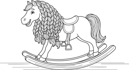 Cute cartoon rocking horse with long braided mane for coloring book page © Ajoy