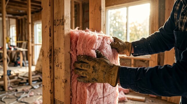 Manual labor during home construction with pink fiberglass batt insulation being fitted