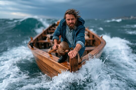 man navigates wooden boat through choppy waters. He focuses on steerage as waves crash around him. Dark clouds loom overhead