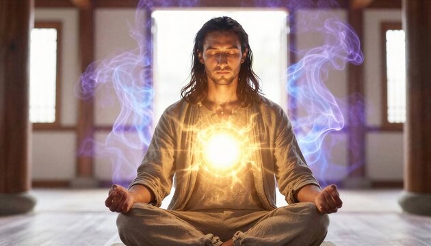 Man meditating in temple with mystical golden energy glowing from heart and purple ethereal smoke.