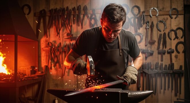 Blacksmith man hammering hot metal sword on anvil in workshop. Master artisan forging steel weapon with fire sparks. Traditional trade, handmade manufacturing and craftsmanship concept.