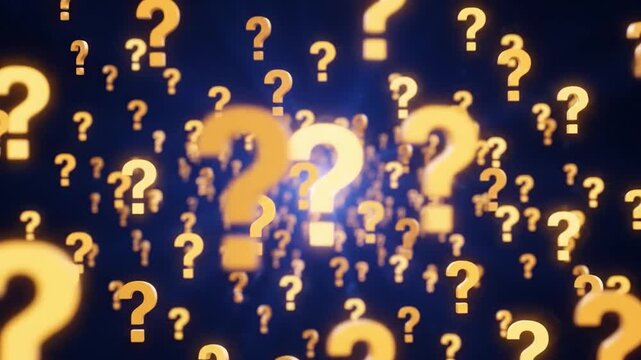 Glowing yellow question marks floating against a deep blue background for education and business