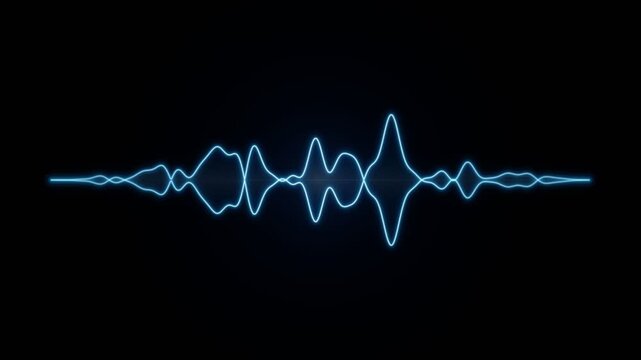 Digital audio waveform with blue glowing lines, futuristic sound frequency visualization, electronic signal pulse on black background