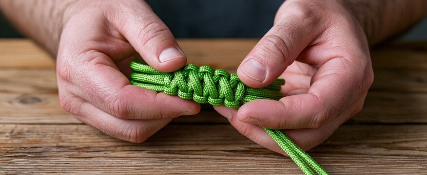 Hands weaving a vibrant green paracord bracelet on a rustic wooden surface, showcasing craftsmanship.