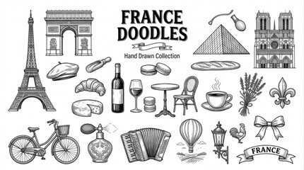 Obraz premium Hand Drawn Sketch Illustrations of Iconic French Cultural Symbols and Landmarks