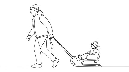 Obraz premium Continuous one line drawing of a father pulling a child on a sled. Winter family fun and outdoor activity vector illustration
