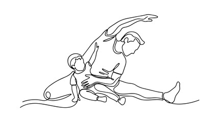 Obraz premium Continuous one line drawing of a father and child doing stretching exercises. Family fitness and healthy lifestyle concept vector illustration