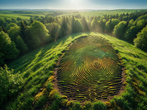 Un motif spirale ou empreinte digitale verte form&eacute;e par un paysage a&eacute;rien de collines bois&eacute;es luxuriantes et de lumi&egrave;re du soleil, concept original de nature, de vie et de fractales.