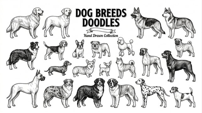 Sketch vector illustration set of popular dog breeds hand drawn in detailed engraved style