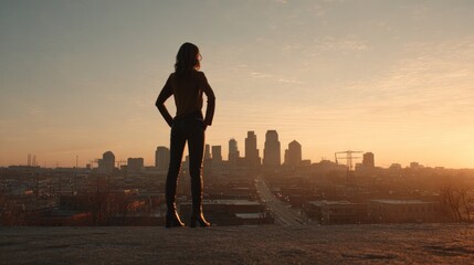 Fototapeta premium Woman overlooking city skyline at sunset