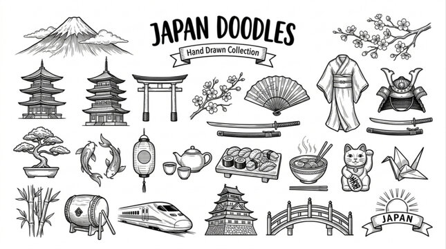 Charming Hand-Drawn Japanese Doodle Collection Illustrating Cultural Heritage, Ancient Architecture, and Modern Life Elements