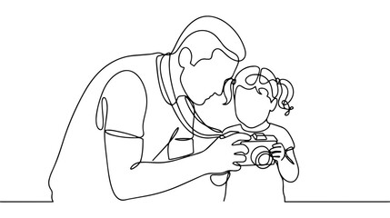 Obraz premium Father and daughter taking a picture with a camera. Continuous one line drawing illustration