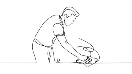 Obraz premium Man cleaning and wiping surface with cloth. Continuous one line drawing illustration