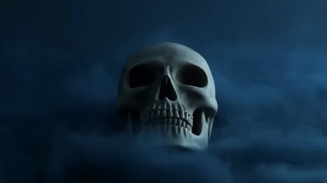 Spooky human skull emerging from dark misty fog