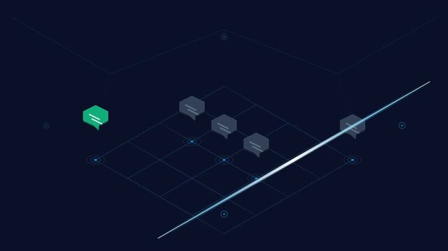 Isometric data scanner filtering digital messages on a dark grid