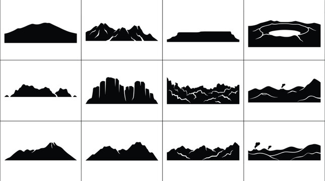 Geological Landform Silhouette Collection Featuring Mountains, Plateaus, Mesas, Craters, and Rock Formations