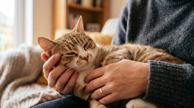 Cat cuddling with owner on cozy sofa in warm living room. Cozy atmosphere features relaxed feline with closed eyes, enjoying gentle petting from hand.