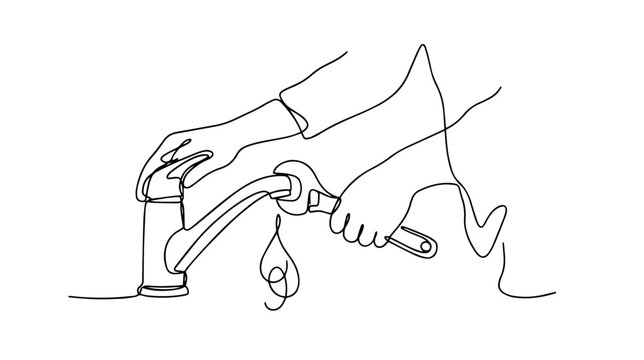 Plumber fixing a water faucet with a wrench. Continuous one line drawing illustration
