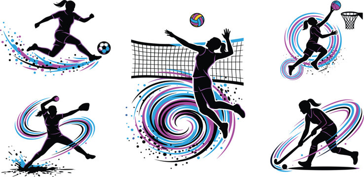Set of female athletes in action, diverse sports silhouettes with dynamic colorful swirls, vector illustrations for fitness and team concepts.