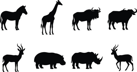 African Wildlife Animal Silhouette Collection Featuring Horse, Giraffe, Rhino, Buffalo, and Antelope © Its Butterfly