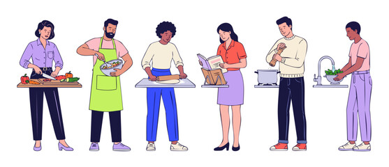 Obraz premium People cooking healthy food together in kitchen flat vector illustration. Diverse men and women preparing culinary recipes, chopping vegetables, baking dough, mixing salad on white background isolated