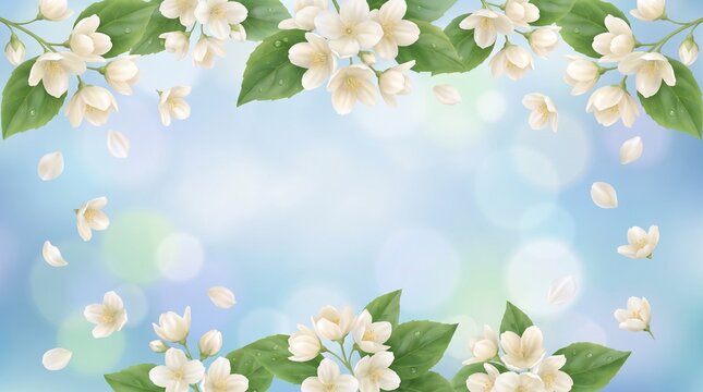 White spring flowers and green leaves creating a floral border an elegant light blue background