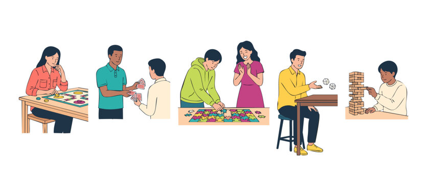 Board games set vector illustration of diverse people playing tabletop card game, solving jigsaw puzzle, rolling dice, and stacking wooden tower blocks for fun, indoor entertainment and group hobbies.