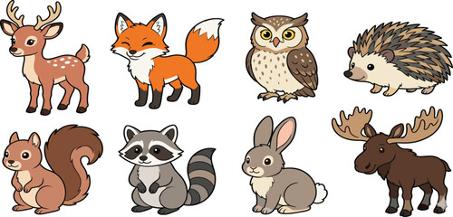 Fototapeta premium Collection of cute forest animals, woodland creatures including deer, fox, owl, hedgehog, squirrel, raccoon, rabbit, moose, flat vector illustration