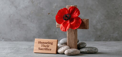 On a soft gray background, a rustic wooden cross with a vivid red poppy and a commemorative plaque rests on smooth stones.