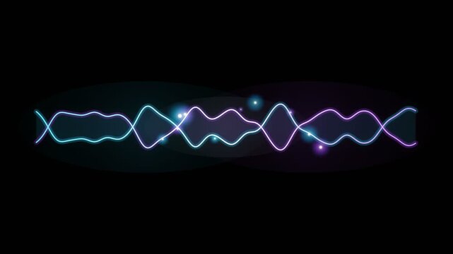 Neon digital audio waveform with glowing light particles, futuristic sound frequency visualization, abstract violet and cyan signal waves on black