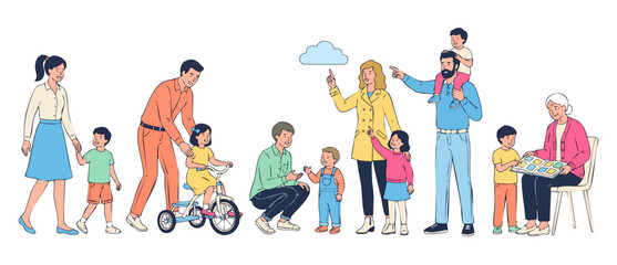 Fototapeta premium Happy family vector illustration set, parents and children walking, playing, riding bicycle, and reading with grandmother in flat outline cartoon style, portraying happy, loving family relationships.