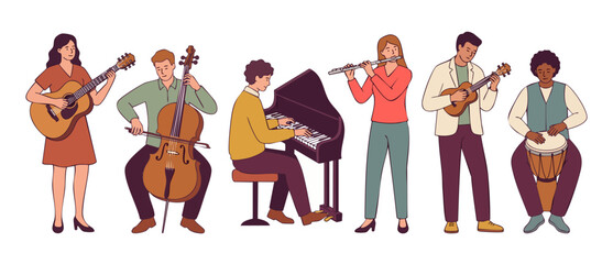 Musicians playing musical instruments band vector illustration of diverse people performing with acoustic guitar cello grand piano flute ukulele and djembe drum isolated on a white background flat art © Dinali