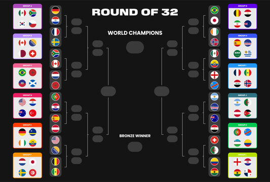 world football tournament 2026 bracket template round of 32 vector illustration