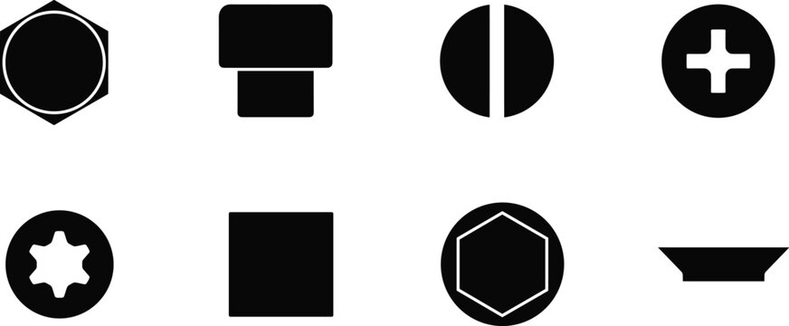 Screw Head Drive and Fastener Top View Icons Set with Phillips Torx Hex and Slotted Heads