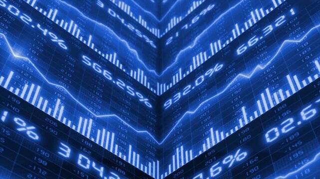 Royal blue futuristic trading dashboard with analytics interface and real time data visualization stock market background