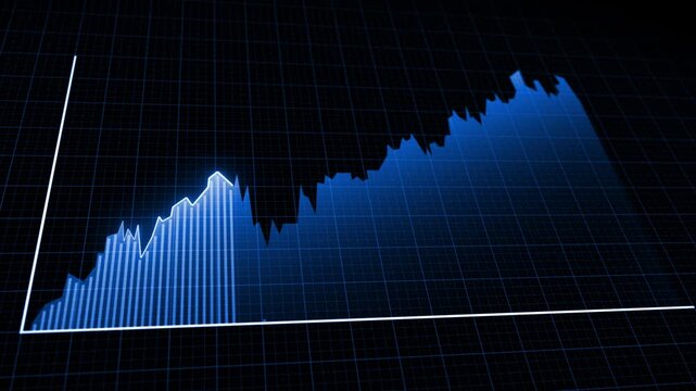Royal blue color bar chart with growing business concept hi tech technology chart with a grid black stock market background